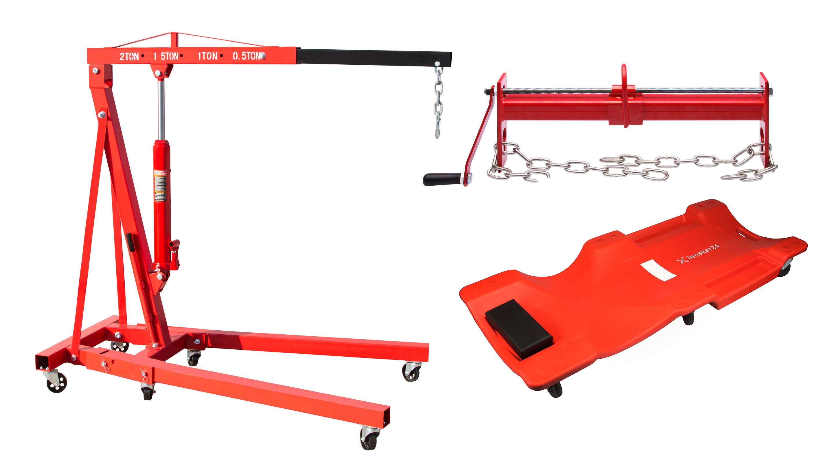 Werkstattkran Kran 2000 kg + Balancierer Motorheber 450 KG + Rollbrett Montageliege