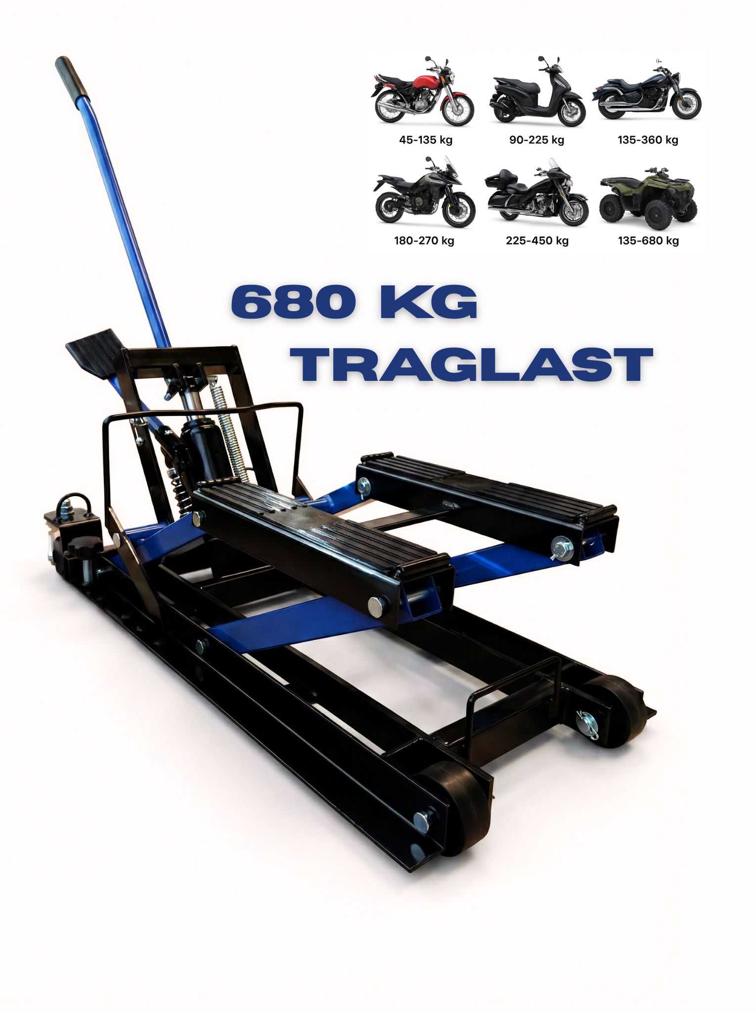Hydraulischer Motorradheber 680 kg belastbar – Höhenverstellbarer Motorradlift (120–385 mm), Hebebühne/Montagebock für Motorrad, (ATV & Quad)